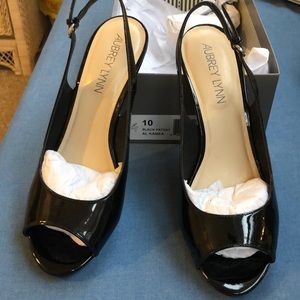 Sling back open toe black patent heel 3 1/2 “